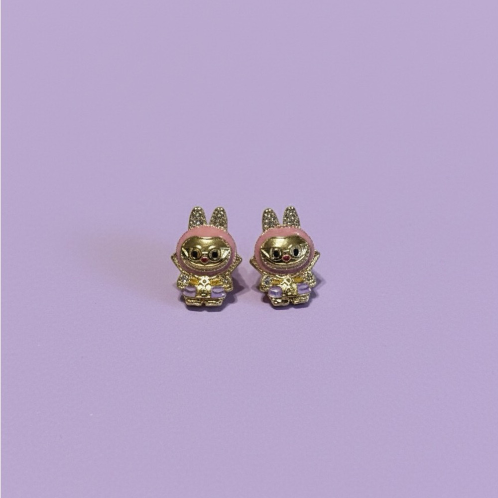 Cute Gold Plated and Pink LABUBU Earrings